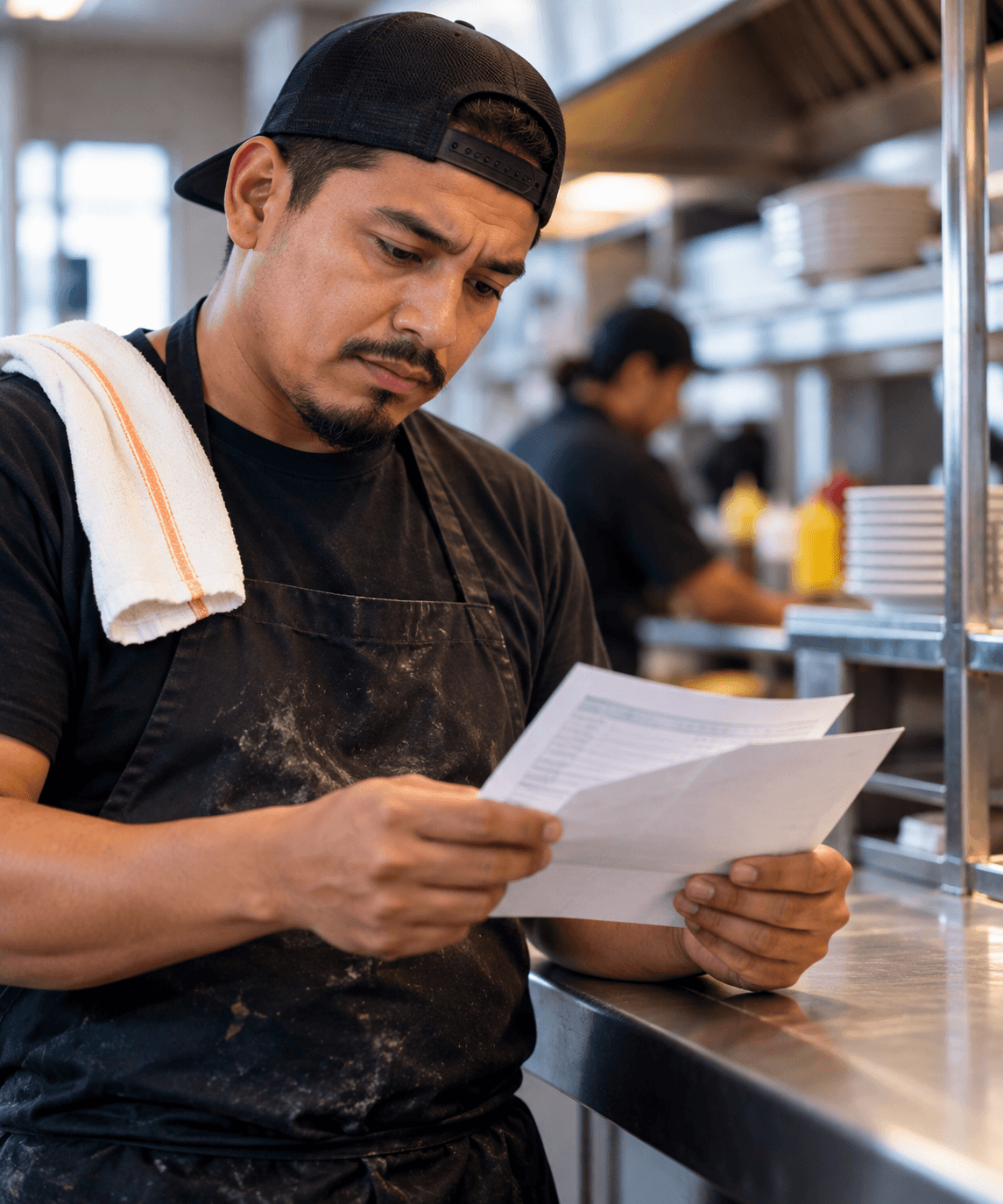 A restaurant cook in an apron reviewing his pay paperwork at a stainless steel kitchen counter
