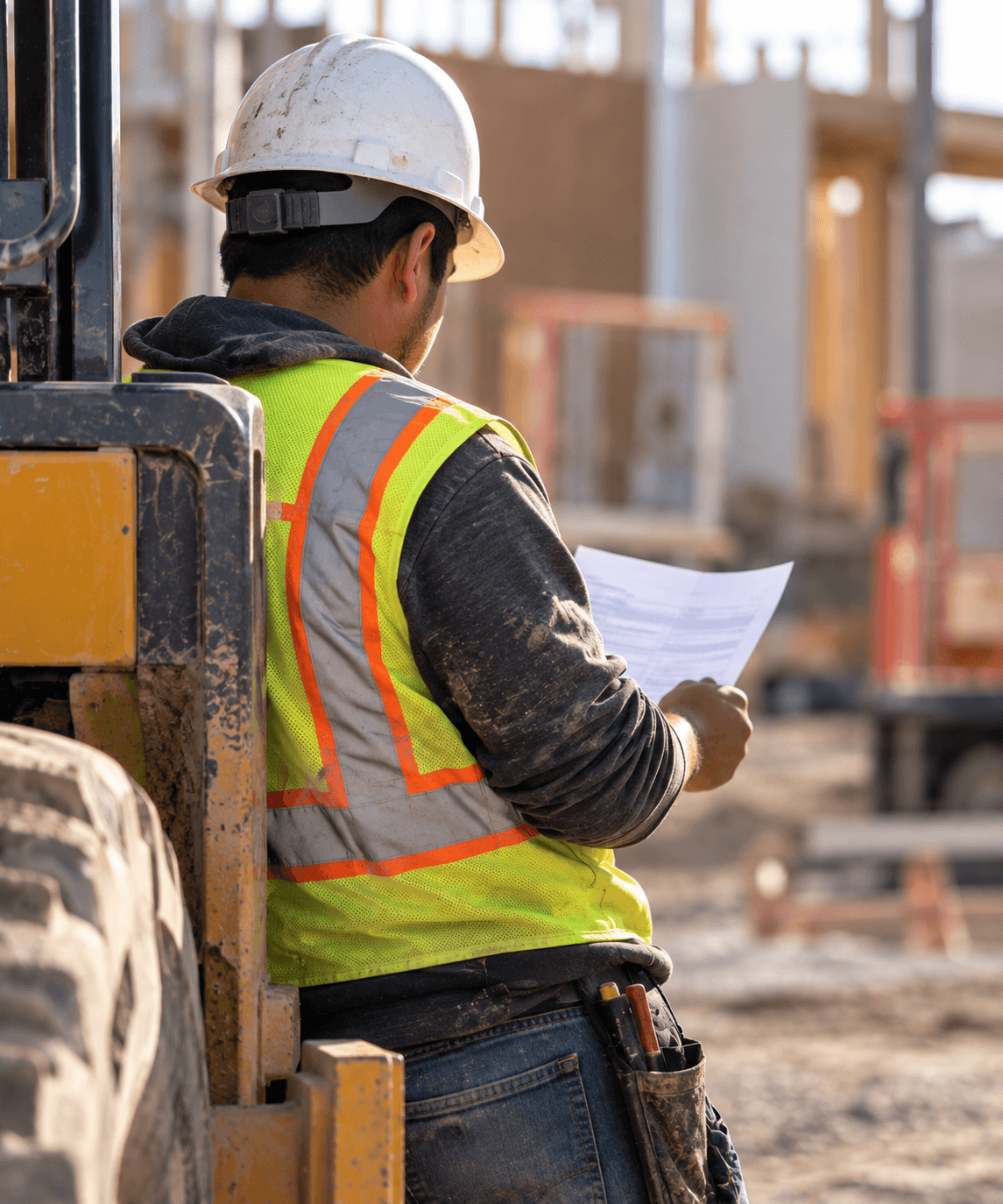 A construction worker in a hard hat and safety vest reviewing a document on a job site